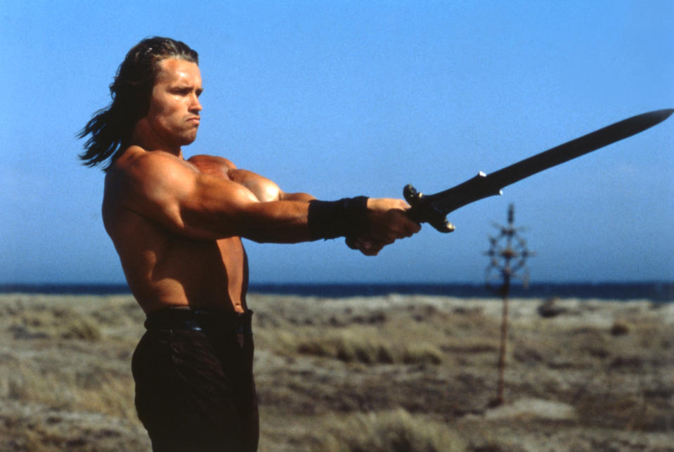 Schwarzenegger with his sword on the set of 1982's Conan the Barbarian. (Photo: Dino De Laurentiis/Universal Pictures/Sunset Boulevard/Corbis via Getty Images)