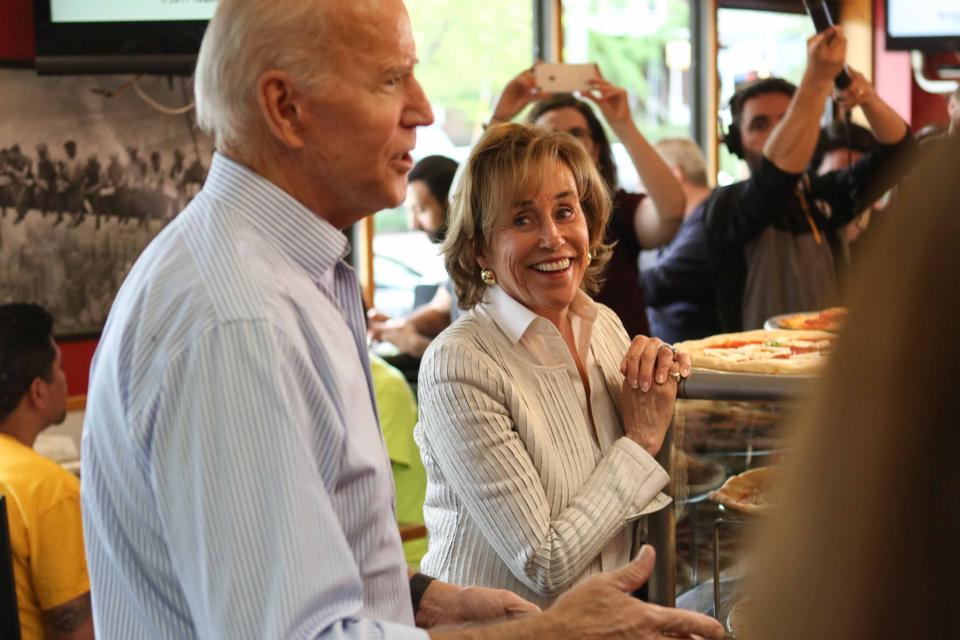 Joe Biden and his sister, Valerie Biden Owens, stop by Gianni's Pizza in Trolley Square in Wilmington in 2019..