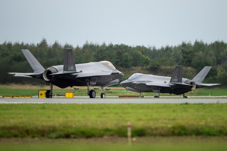 Skrydstrup airbase officially receive four F-35 combat aircraft on October 1, 2023. The aircrafts are officially handed over from Lockheed Martin to the Ministry of Defence's Material and Procurement Agency and from them on to the Armed Forces and the Air Force. Denmark has bought a total of 27 F-35 fighter jets from the manufacturer Lockheed Martin. Ritzau Scanpix/Bo Amstrup via REUTERS    ATTENTION EDITORS - THIS IMAGE WAS PROVIDED BY A THIRD PARTY. DENMARK OUT. NO COMMERCIAL OR EDITORIAL SALES IN DENMARK.