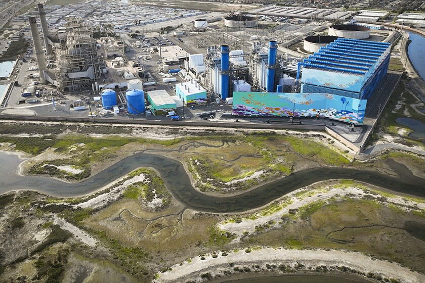 An aerial view of the Huntington Beach Wetlands and the Huntington Beach Energy Center.