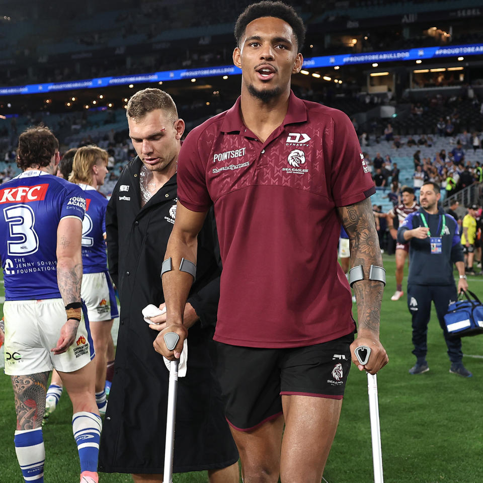 Jason Saab and Tom Trbojevic after Manly's win over the Bulldogs.