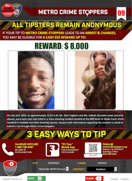 PHOTO: A reward is being offered for information leading to the shooters in the deaths of Kylis Fagbemi and Aaliyah Gonzalez, killed during a mass shooting incident at a block party in Baltimore, early July 2, 2023. (Baltimore Police Dept.)