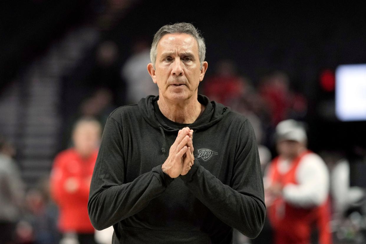 Mar 6, 2024; Portland, Oregon, USA; Oklahoma City Thunder assistant coach Chip Engelland looks on before the game against the Portland Trail Blazers at Moda Center. Mandatory Credit: Soobum Im-USA TODAY Sports