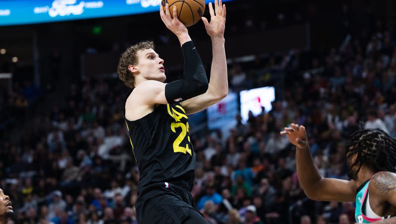 Utah Jazz forward Lauri Markkanen (23) looks to shoot the ball during an NBA game at Vivint Arena in Salt Lake City on Saturday, Feb. 25, 2023. Markannen said he plans to fulfill his Finnish military commitment this summer.