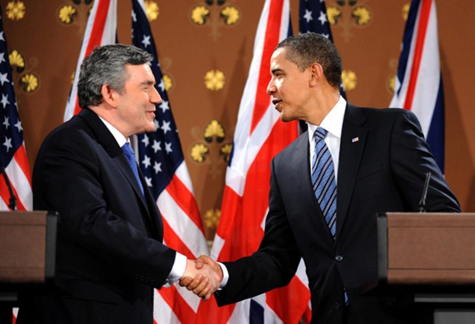 Gordon Brown at Barack Obama first met on 3 March 2009 (PA)