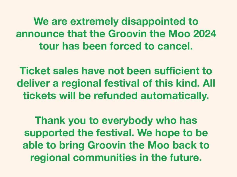 Instagram post announcing Groovin the Moo Festival 2024 is cancelled. Photo: Supplied