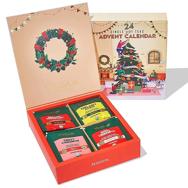 Open box of Vahdam Mini Advent Calendar - 24 Tea Bags with teas inside