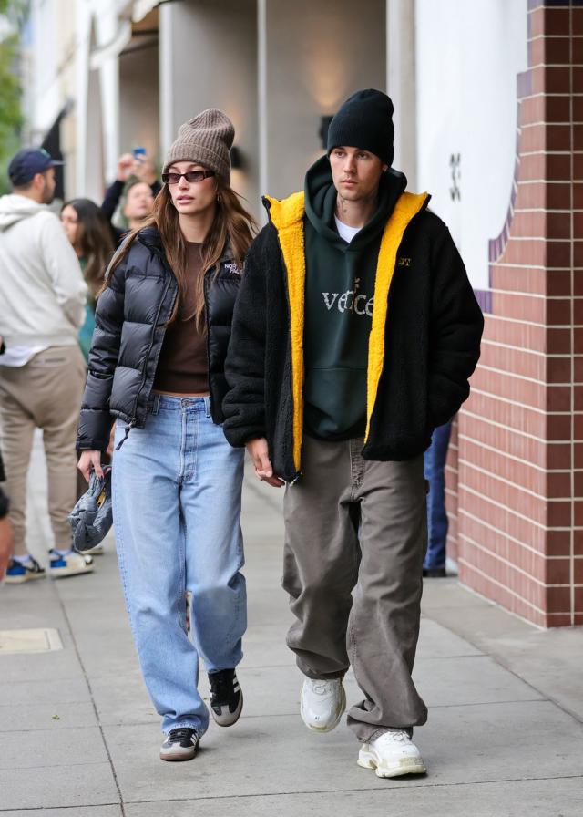 Hailey Bieber Embodies Fall Street Style in a Cozy Y2K Puffer Jacket and  Oversized Low-Rise Jeans