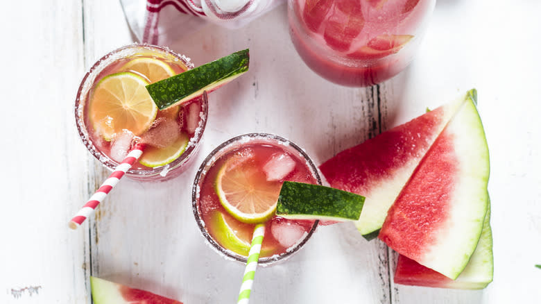 overhead view of watermelon cocktails