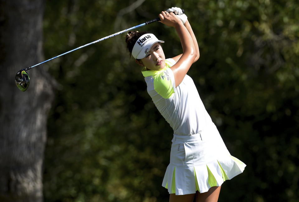 Yealimi Noh hits her tee shot on the sixth hole during the final round of the LPGA Cambia Portland Classic golf tournament in Portland, Ore., Sunday, Sept. 1, 2019. (AP Photo/Steve Dykes)