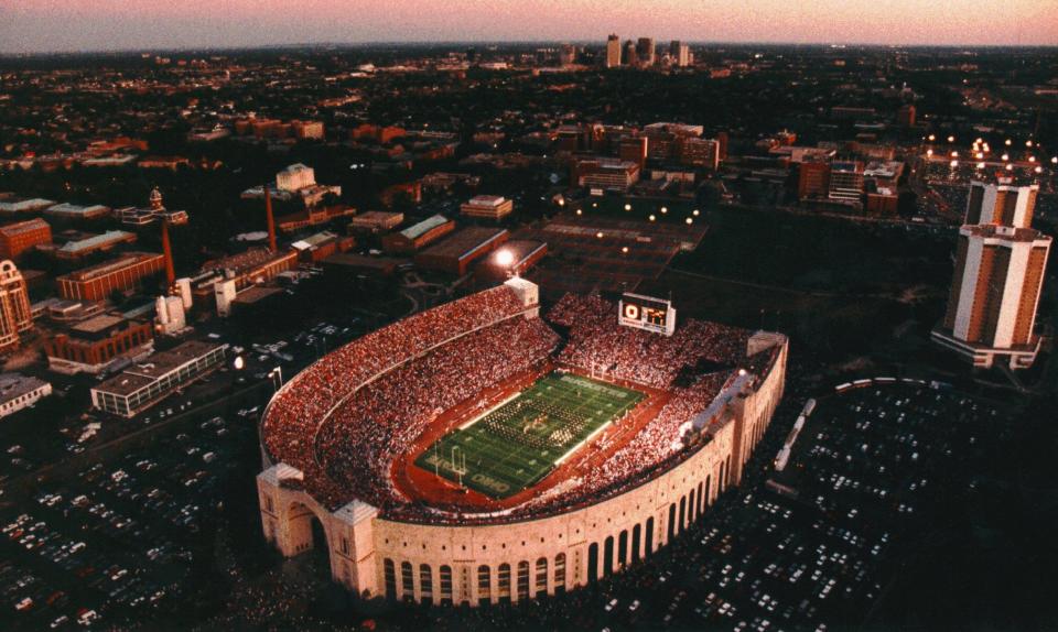 An aerial view of Ohio Stadium at dusk in 1993.