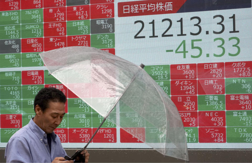 A man walks past an electronic stock board showing Japan's Nikkei 225 index at a securities firm in Tokyo Monday, June 24, 2019. Shares were wavering in Asia on Monday as investors watched for movement in the China-U.S. trade dispute ahead of a meeting between Presidents Donald Trump and Xi Jinping planned for later this week in Osaka, Japan, at the Group of 20 summit. (AP Photo/Eugene Hoshiko)