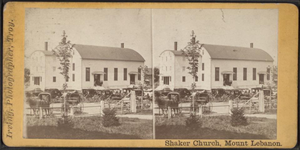 A stereo view of the Mt. Lebanon, New York Shaker community, about 1870.