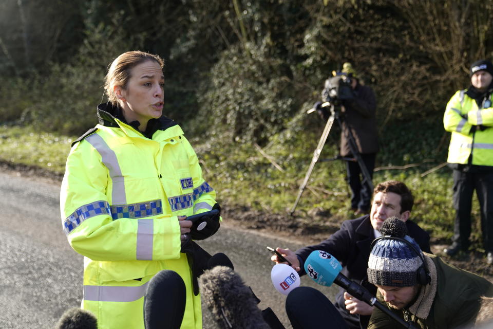 Inspector Rebecca Wells-Cole from Avon and Somerset Police speaking to the media at the scene on the A39 Quantock Road in Bridgwater after a double-decker bus overturned in a crash involving a motorcycle. Picture date: Tuesday January 17, 2023. (Photo by Andrew Matthews/PA Images via Getty Images)