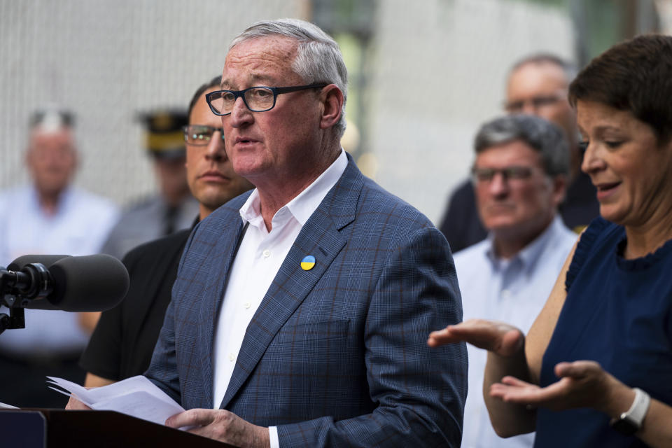 Philadelphia Mayor Jim Kenney speaks during a news conference following the collapse of an elevated section of Interstate 95 after a tanker truck caught fire, Sunday, June 11, 2023, in Philadelphia. (AP Photo/Joe Lamberti)
