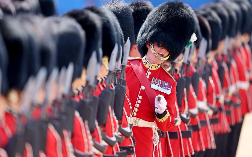 Members of the 1st Battalion Welsh Guards ahead of the Ceremonial Welcome of Emperor Naruhito and Empress Masako