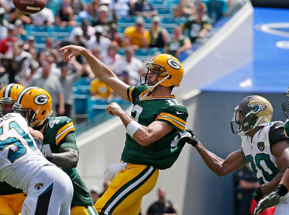 Aaron Rodgers throws a touchdown pass to wide receiver Davante Adams against Jacksonville on Sept. 11, 2016.