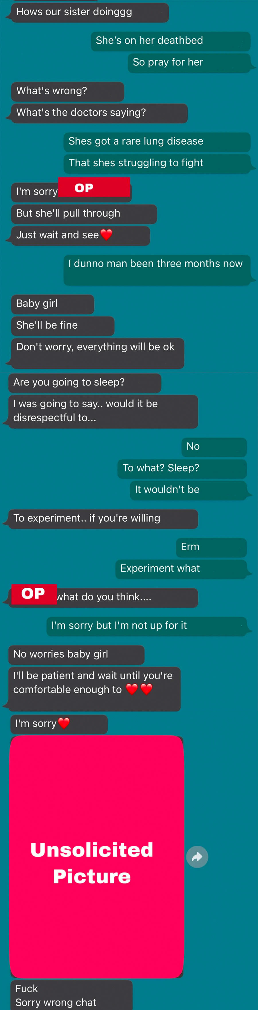 Text exchange with a man telling a woman, "No worries baby girl. I'll be patient and wait until you're comfortable enough to. I'm sorry."