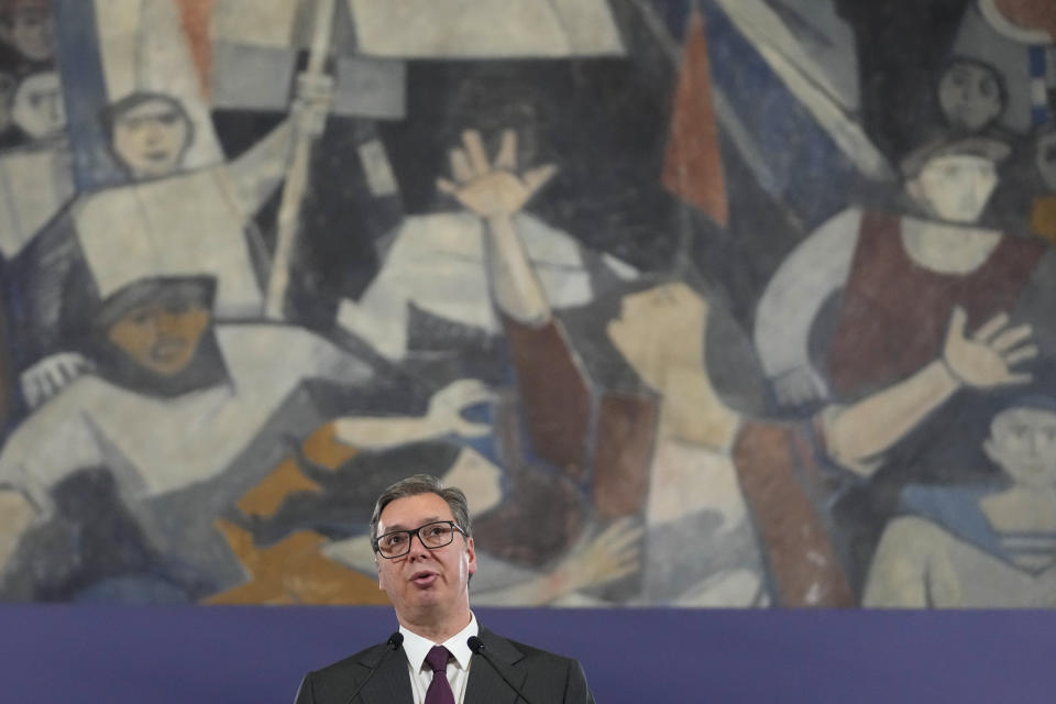 Serbian President Aleksandar Vucic speaks during a public address in Belgrade, Serbia, Friday, May 5, 2023. Vucic vowed to the nation in an address that the suspect "will never again see the light of the day." He referred to the attack as an act of terror, as is typical and announced a series of "anti-terrorist" measures, including the hiring of 1,200 policemen and putting a police officer on guard each day at schools. (AP Photo/Darko Vojinovic)