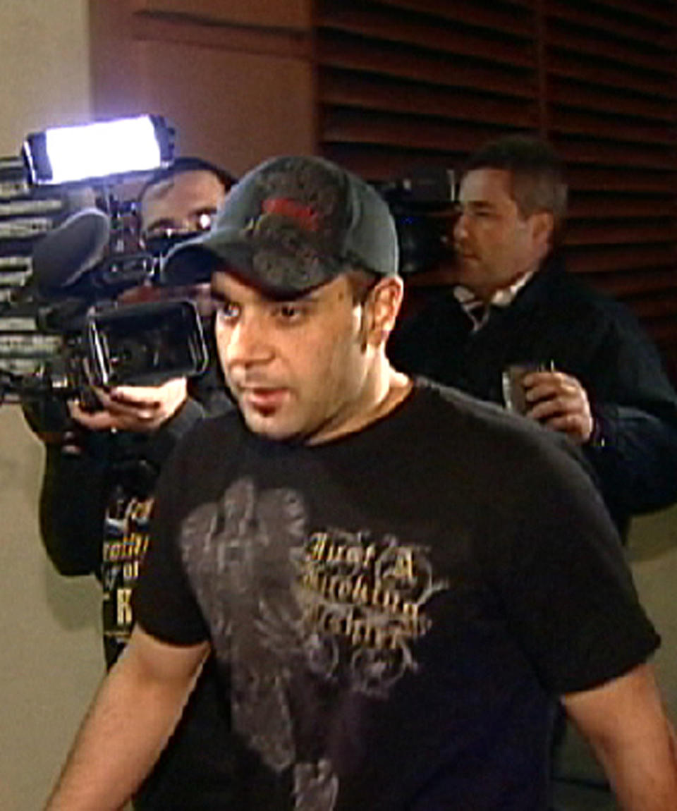 FILE - This Jan. 31, 2008 video frame grab release by AP Television shows Sam Lutfi leaving UCLA medical center after visiting Britney Spears in Los Angeles. Lutfi, Britney Spears' self-styled manager, took the stand in his defamation lawsuit against her parents on Tuesday, Oct. 23, 2012 in Los Angeles, claiming he acted to protect her from paparazzi and others during a critical period in her life. (AP Photo/APTN, File)