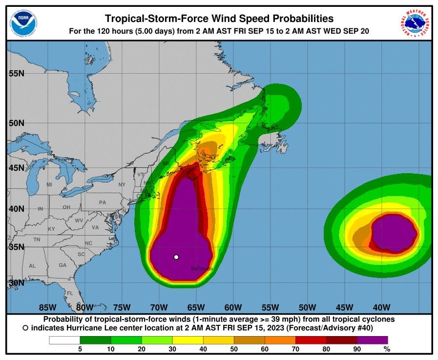 Tropical storm force wind speed probabilities associated with Hurricane Lee.