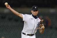 Detroit Tigers relief pitcher Alex Lange throws to first base against the Kansas City Royals in the eighth inning of a baseball game in Detroit, Wednesday, Sept. 28, 2022. (AP Photo/Paul Sancya)