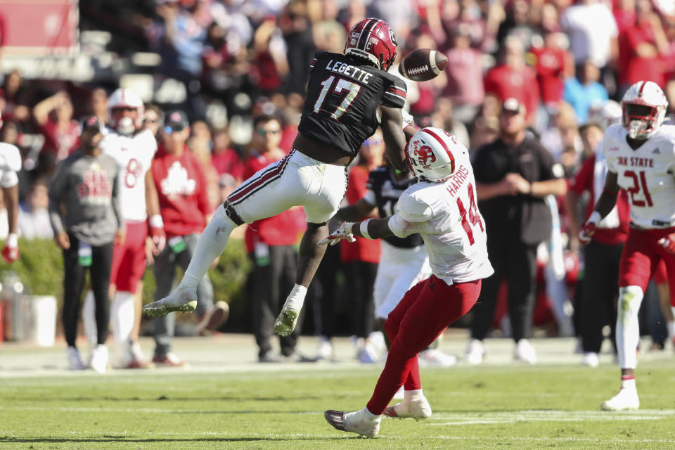 Jacksonville State safety Jeremiah Harris (14) is called for pass interference against South Carolina wide receiver Xavier Legette (17) during the second half of an NCAA college football game on Saturday, Nov. 4, 2023, in Columbia, S.C. (AP Photo/Artie Walker Jr.)