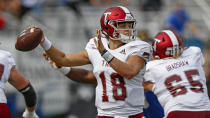 Troy quarterback Gunnar Watson (18) throws to a receiver during their game against Middle Tennessee, Saturday, Sept. 19, 2020, in Murfreesboro, Tenn. (AP Photo/Wade Payne)