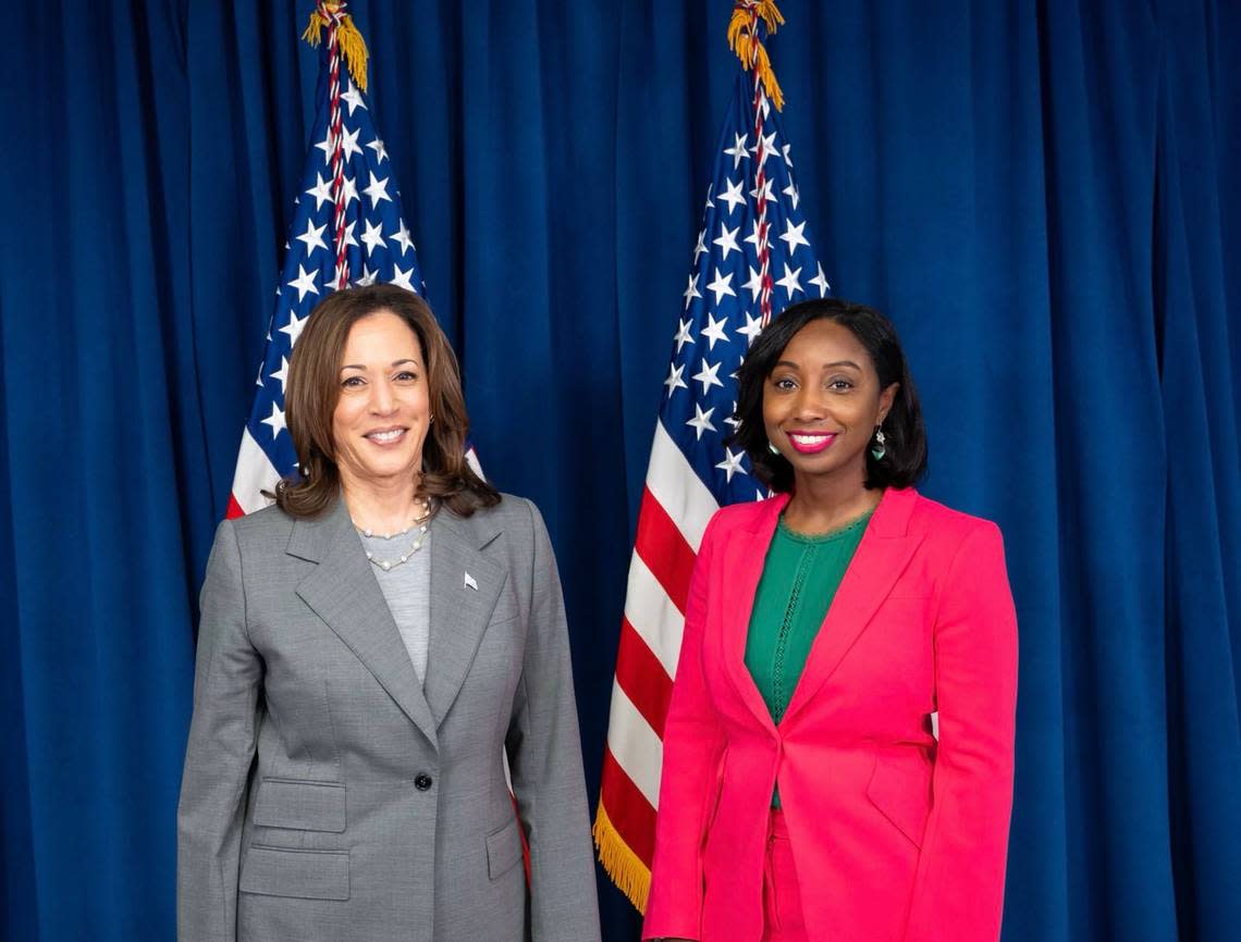 North Carolina State Auditor Jessica Holmes, right, with Vice President Kamala Harris, left, during a Harris visit to Greensboro in July 2024. Both Holmes and Harris are in Alpha Kappa Alpha, a historically Black sorority.