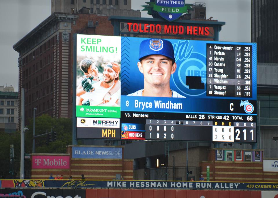 St. Mary Catholic Central graduate Bryce Windham is pictured on the scoreboard at Fifth Third Field during a game against the Toledo Mud Hens Tuesday night.