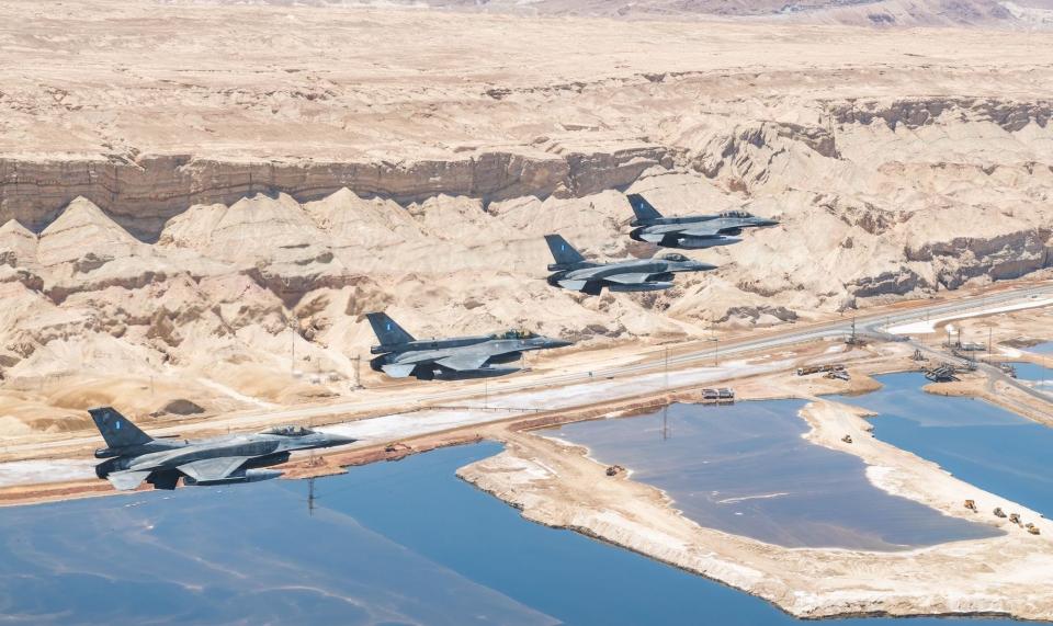 Aircrafts are seen during a joint drill conducted by Israeli and Greek air forces in Israeli airspace on July 13, 2022.