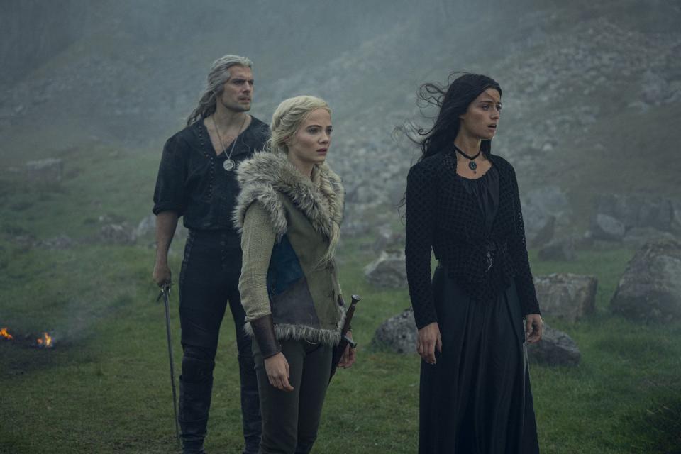 henry cavill, freya allan and anya chalotra in the witcher, season 3