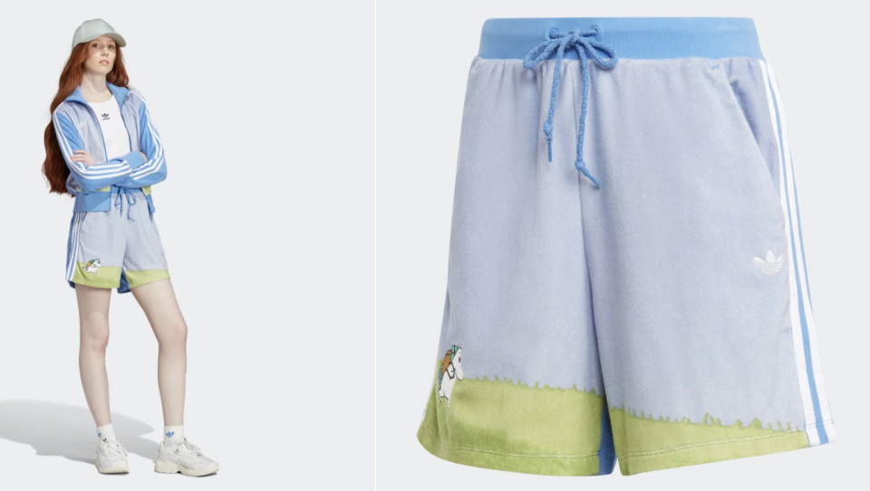 Adidas Originals X Moomin 3-Stripes Shorts in blue and green