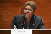 FILE - In this June 17, 2020, file photo, Rep. Karen Bass, D-Calif., speaks during a House Judiciary Committee meeting on Capitol Hill in Washington. The potential ascendancy of Sen. Kamala Harris to the vice presidency next year has kicked off widespread speculation about who might replace her if Democrats seize the White House. California Gov. Gavin Newsom is already being lobbied by hopefuls and numerous names are emerging in the early speculation. Bass, who was on Joe Biden's vice presidential short list, would likely get consideration. (Kevin Dietsch/Pool Photo via AP, File)