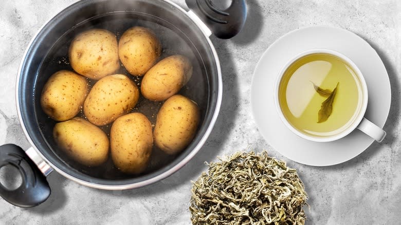 Boiled potatoes and tea leaves