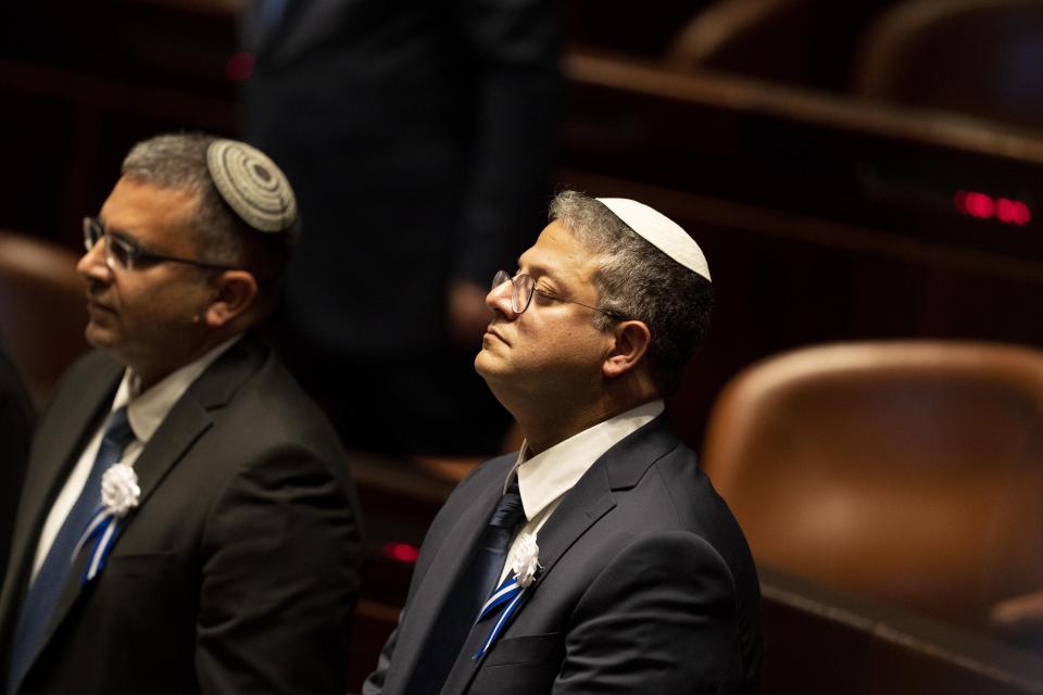 CORRECTS TO SWEARING-IN OF PARLIAMENT, NOT GOVERNMENT - Far-right Israeli lawmaker Itamar Ben Gvir closes his eyes during the swearing-in ceremony for Israel's parliament, at the Knesset, in Jerusalem, Tuesday, Nov. 15, 2022. (AP Photo/ Maya Alleruzzo, Pool)