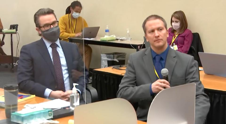 Defense attorney Eric Nelson (left) looks on as Derek Chauvin (right) tells Judge Peter Cahill on Thursday that he is invoking his Fifth Amendment right against self-incrimination and will not testify in his trial. (Photo: Hennepin County)