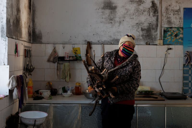Retired farmer Wang Fengqin carries firewood in her kitchen in the village of Wudaogang