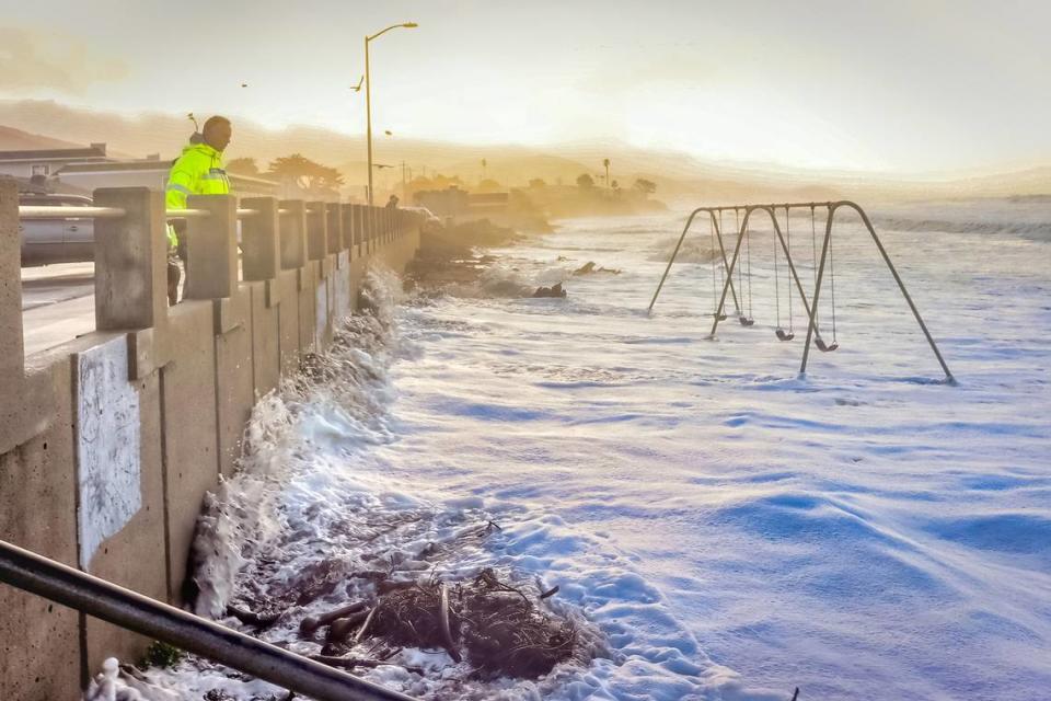 High surf crashes against the sea wall in Cayucos on Jan. 5, 2023, after a powerful winter storm moved through the area.
