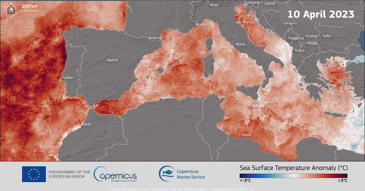 This image illustrates the Sea Surface Temperature (SST) anomaly in the Mediterranean and off the Atlantic coasts of the Iberian Peninsula and North Africa, using data from the Copernicus Marine Service (European Union, Copernicus Marine Service data)