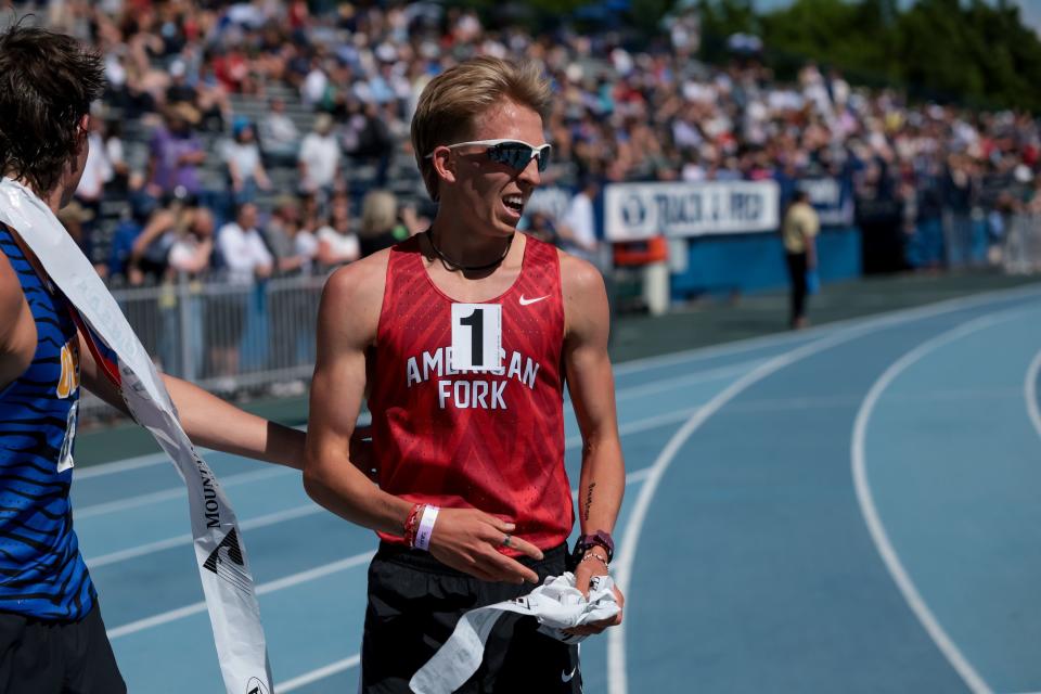 Daniel Simmons of American Fork celebrates after taking first in the 6A boys 3,200-meter finals at the Utah high school track and field championships at BYU in Provo on Thursday, May 18, 2023. | Spenser Heaps, Deseret News