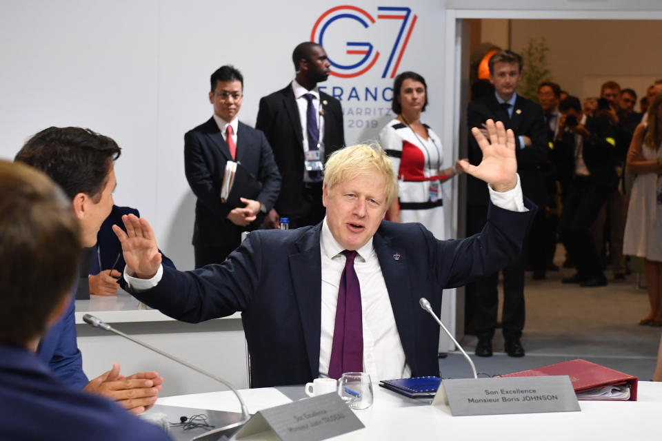 BIARRITZ, FRANCE - AUGUST 25: Britain's Prime Minister Boris Johnson attends the first working session of the G7 Summit on August 25, 2019 in Biarritz, France. The French southwestern seaside resort of Biarritz is hosting the 45th G7 summit from August 24 to 26. High on the agenda will be the climate emergency, the US-China trade war, Britain's departure from the EU, and emergency talks on the Amazon wildfire crisis. (Photo by Jeff J Mitchell - Pool /Getty Images)