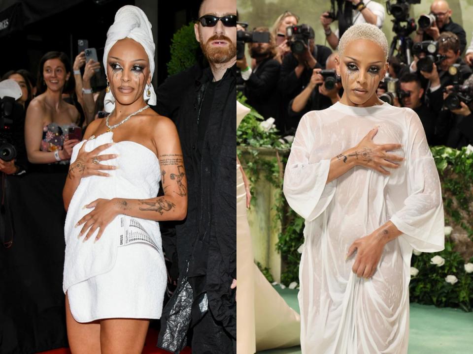 Doja Cat in towel before met gala next to doja cat at met gala in wet shirt