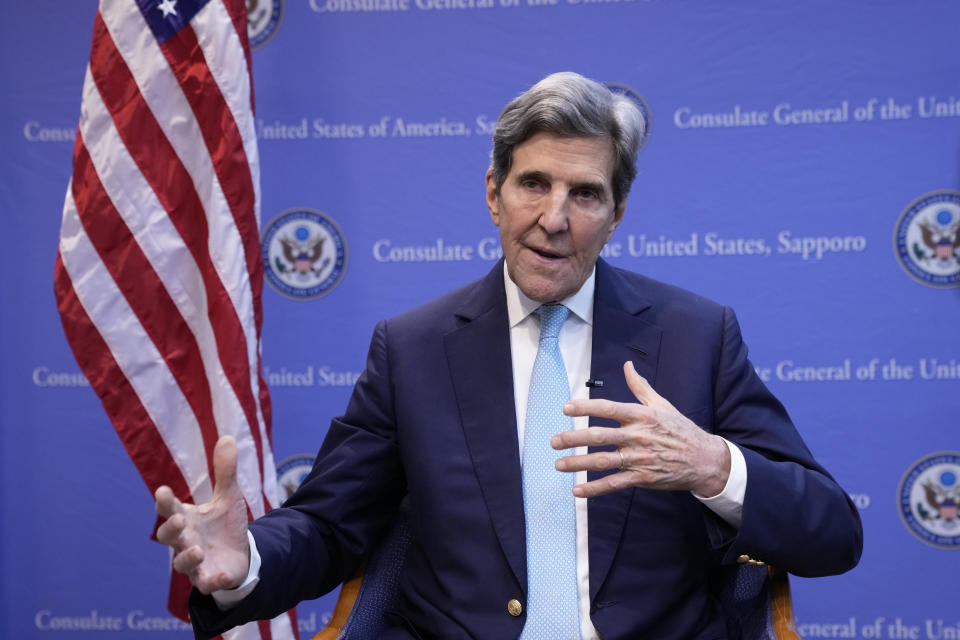 U.S. Special Presidential Envoy for Climate John Kerry speaks during an interview with The Associated Press at the U.S. Consulate General after the G-7 ministers' meeting on climate, energy and environment in Sapporo, northern Japan, Sunday, April 16, 2023. So much has been invested in clean energy that there can be no rolling back of moves to end carbon emissions, though much more needs to be done much faster to prevent the worst impacts of climate change, U.S. Presidential Envoy John Kerry said Sunday. (AP Photo/Hiro Komae)