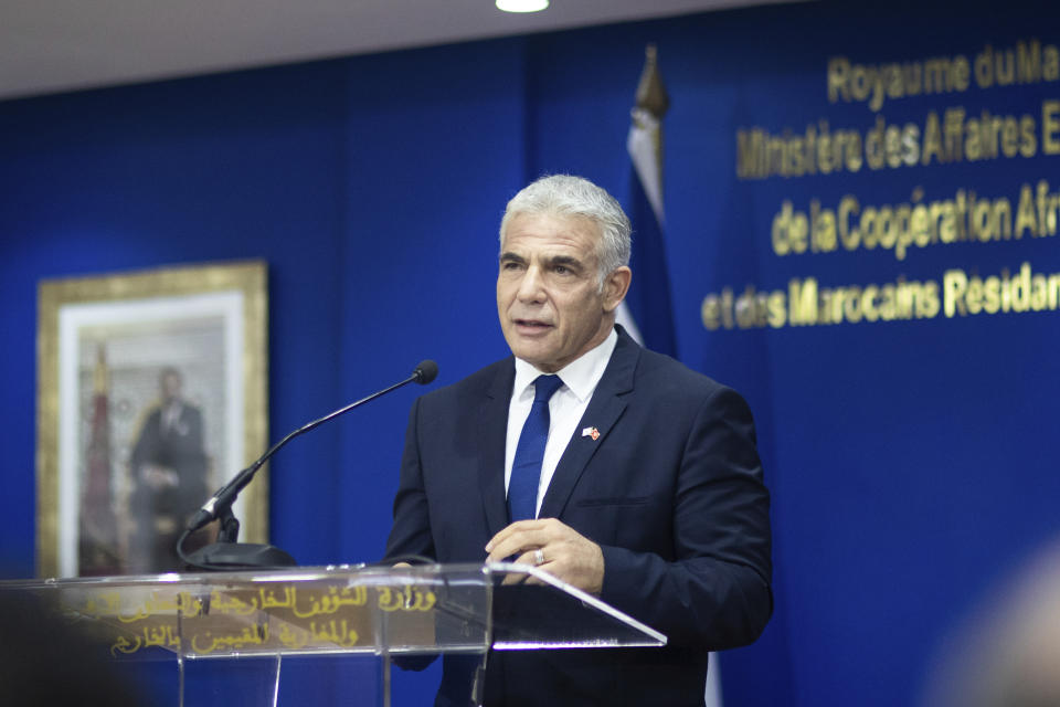 Israeli Foreign Minister Yair Lapid gives a statement during a press conference with his Moroccan counterpart in Rabat, Morocco, Wednesday, Aug. 11, 2021. The Israeli Foreign Minister Yair Lapid is on an official visit to Morocco. (AP Photo/Mosa'ab Elshamy)