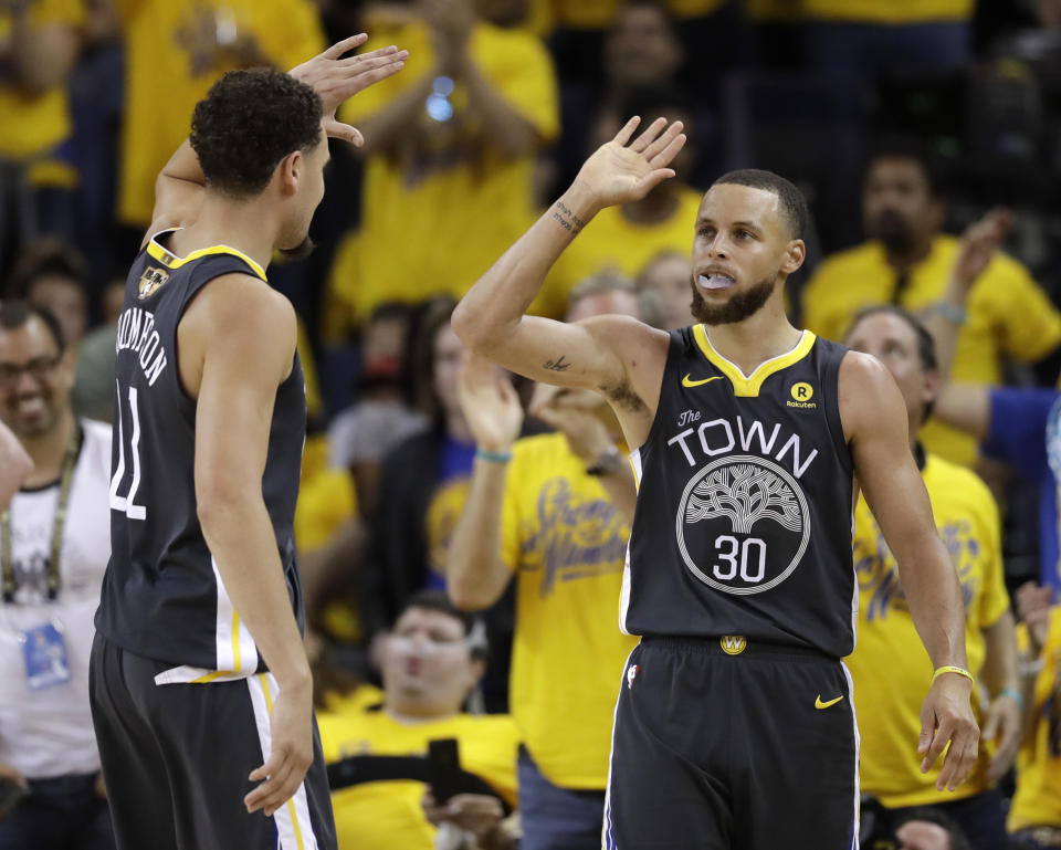 Stephen Curry and Klay Thompson combined for 53 points in Game 2. (AP Photo/Marcio Jose Sanchez)