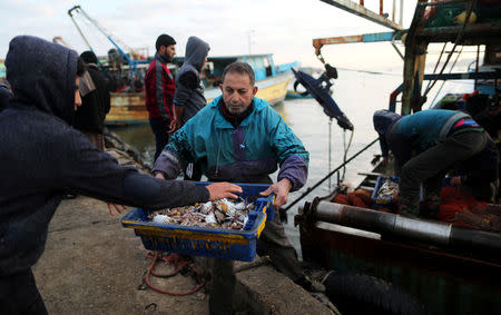 A fisherman unloads his catch at the seaport of Gaza City, after Israel expanded fishing zone for Palestinians April 2, 2019. REUTERS/Suhaib Salem