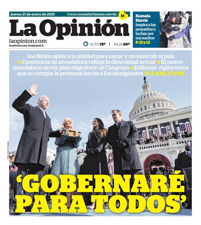 January 21, 2021 front page of La Opinion