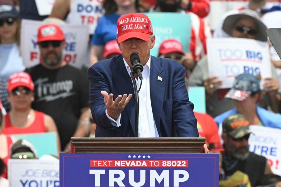 Former US President and Republican presidential candidate Donald Trump speaks during a campaign rally at Sunset Park in Las Vegas, Nevada on June 9, 2024 (AFP via Getty Images)