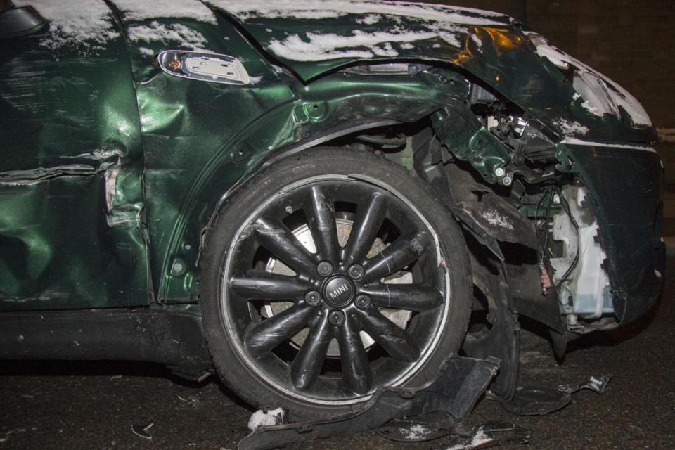 A close up of the damage done to the green mini (Splash News)